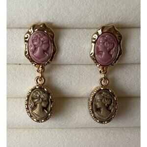 Gold & Pink Cameo Drop Earrings Ornate Dangle